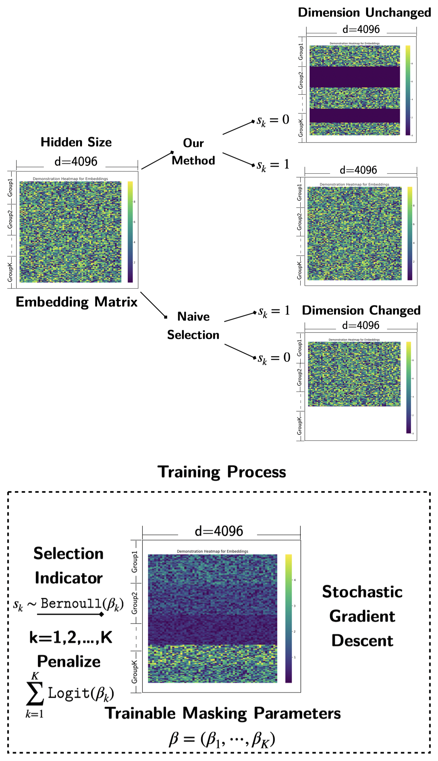 Embedding-level feature selection: masking whole variable groups in the embedding matrix keeps the hidden dimension unchanged, with selection indicators learned by stochastic gradient descent